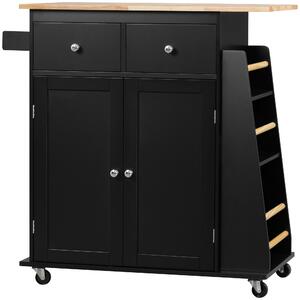 HOMCOM Carrello da Cucina con Armadietto, 2 Cassetti e Portaspezie, Isola da Cucina in Legno, 89x45x89.5cm, Nero