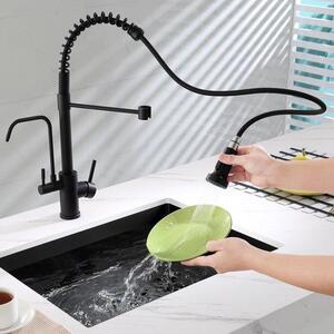Rubinetto da cucina a tre vie con filtro, rubinetto da cucina ad alta pressione nero con due getti, doccetta estraibile, miscelatore a doppia maniglia per acqua calda, fredda e potabile, rubinetto realizzato in acciaio inossidabile
