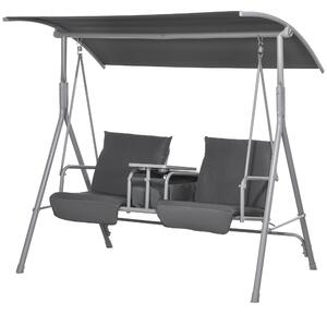 Dondolo 2 Posti con Tavolino e Portabicchieri 175x110x165 cm in Metallo e Poliestere Grigio