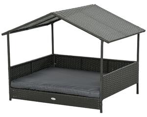 Casetta per Cani Rialzata con Cuscino Sfoderabile 117x85x89 cm in Rattan PE e Acciaio Grigio e Marrone