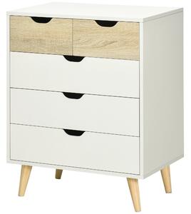 Cassettiera a 5 Cassetti per Camera da Letto con Maniglie Intagliate 60x40x77,5 cm in Legno Melaminico e Legno di Pino Bianco