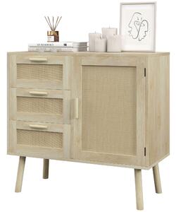 Mobile Multiuso Stile Boho con Armadietto e 3 Cassetti 80x36x75 cm in Legno e Rattan Rovere
