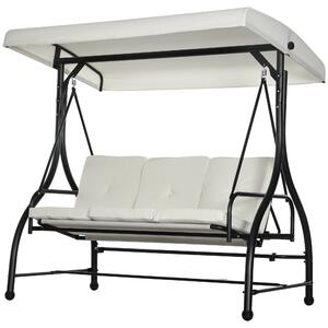 Dondolo Letto da Giardino 3 Posti con Tettuccio Regolabile 195x117x175 cm in Acciaio e Poliestere Crema e Nero