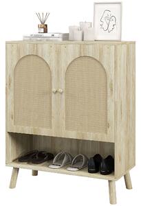 Mobile Multiuso in Stile Boho 80x38x100 cm con Ante in Rattan e Ripiano Aperto Rovere