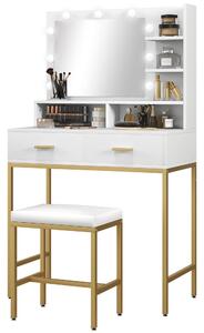 Mobile Toeletta con Specchio 2 Cassetti 5 Ripiani e Sgabello 80x40x138 cm in MDF e Truciolato Bianco