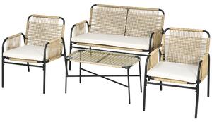 Set Salotto da Giardino con Divanetto e 2 Poltrone con Cuscini e Tavolino in Rattan PE Giallo