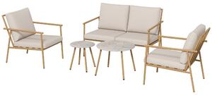 Set Salotto da Giardino con Divano 2 Poltroncine e 2 Tavolini Effetto Bambù con Cuscini Marrone