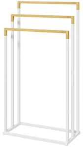 Portasciugamani Autoportante a 3 Sbarre 45x22,5x86 cm in Bambù e Acciaio Bianco e Legno