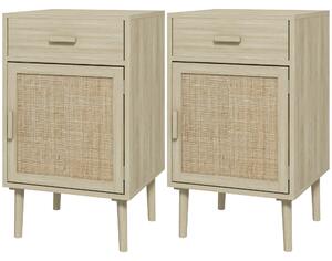 Set 2 Comodini per Camera da Letto con Cassetto e Anta 40x40x68,5 cm in Rattan Stile Boho Naturale