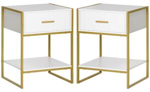 Set 2 Comodini Moderni con Cassetto e Ripiano Aperto 45x40x60 cm in MDF e Acciaio Bianco e Oro