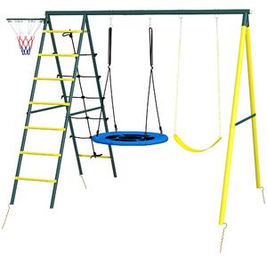 Set Altalene da Giardino Rotonda e Classica con Corda e Canestro 267x180x202 cm in Acciaio Giallo Verde e Blu