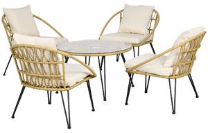 Set Tavolino con Vetro Temperato e 4 Sedie con Cuscini da Giardino in Acciaio e PE Rattan Giallo Nero e Beige