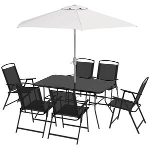 Set Tavolo con Top in Vetro 6 Sedie Pieghevoli e Ombrellone a Manovella da Giardino in Metallo e Rete Grigio e Nero