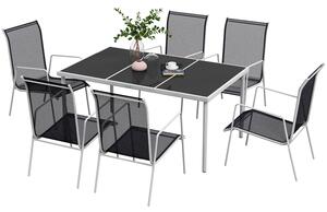Set Tavolo con Top in Vetro 6 Sedie Impilabili da Giardino in Acciaio e Textilene Nero