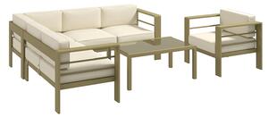 Set Salotto da Giardino Divano Angolare Poltrona e Tavolino da Caffè in Alluminio Oro e Bianco Crema