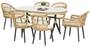 Set Tavolo con Vetro Temperato e 6 Sedie con Cuscini da Giardino in Acciaio e PE Rattan Naturale Nero e Beige