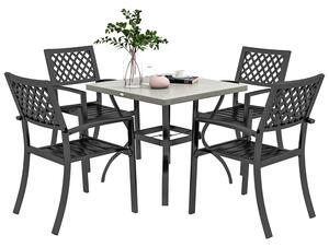 Set Tavolo Quadrato Effetto Marmo con 4 Sedie Impilabili da Giardino in Acciaio Grigio