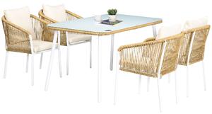 Set Tavolo con Top in Vetro 4 Sedie Impilabili da Giardino in Rattan PE e Alluminio Giallo