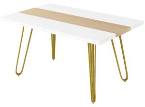 Tavolo da Cucina e Soggiorno per 6 Persone Max con Gambe a Forcina 140x89x75,5 cm in MDF e Acciaio Bianco Rovere e Oro