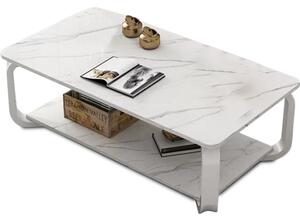 Tavolino Basso da Caffè 100x48x43 cm 2 Livelli Design Luxury Effetto Marmo Bianco
