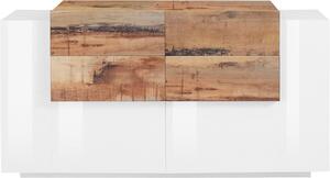 Credenza 2 Ante Battenti e 4 Cassetti 160x86x45 cm New Coro Bianco Lucido e Acero Pereira