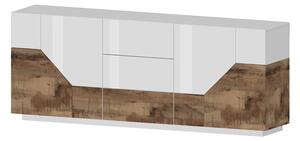 Credenza 4 Ante + 3 Cassetti 220,1x43x86 cm Alien Bianco Lucido e Acero Pereira