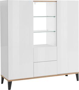 Credenza 2 Ante + 2 Cassetti 120x40x132,5 cm Sunrise Bianco Lucido e Acero Pereira