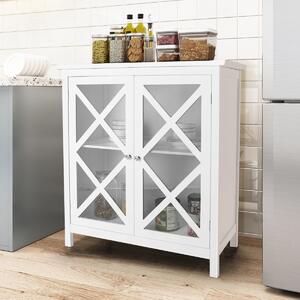 Costway Mobile da cucina indipendente con 2 ante in vetro e ripiano regolabile, Credenza espositiva Bianco