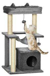 PawHut Albero Tiragraffi con Corde Sisal, Casetta e Amaca, Rivestimento Peluche e Feltro, Altezza 100cm, Grigio|Aosom