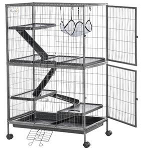 Gabbia per Conigli a 5 Livelli con 4 Ingressi e Amaca 80x52x128 cm in Metallo e PP Argento e Nero