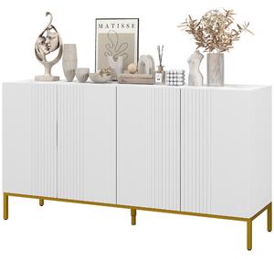 Credenza Moderna 4 Ante con Chiusura Ammortizzata e Mensole Regolabili 140x40x75 cm in Truciolato e Metallo Bianco e Oro