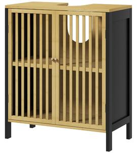 Mobile Sottolavabo Bagno con 2 Ante a Doghe 60x30x70 cm in Legno di Bambù e MDF con Intaglio a U Legno Naturale e Nero