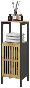 Mobiletto Bagno con Ripiano Aperto e Armadietto 32x30x90,5 cm in MDF e Bambù Nero e Color Legno