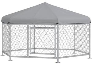 Recinto per Cani Taglia Grande 2,1x1,85x1,2m Tetto in Tessuto Oxford Anti UV Argento e Grigio
