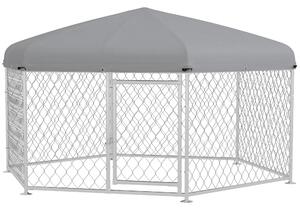 Recinto per Cani Taglia Grande 2,1x1,85x1,5m Tetto in Tessuto Oxford Anti UV Argento e Grigio