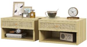Set 2 Comodini con Cassetto e Ripiani Aperti in stile Nordico 40x34x23 cm in Truciolato e Rattan