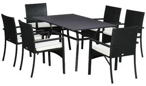 Set Tavolo e 6 Sedie da Giardino con Cuscini in Acciaio Rattan PE Nero e Beige
