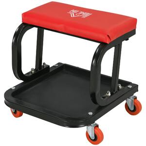 Sgabello da Officina Imbottito con Ruote e Vassoio Porta Attrezzi 38x35x37 cm in Acciaio e PU Rosso