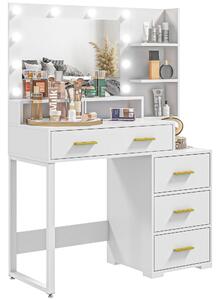 Tavolo da Trucco in Legno 100x40x138 cm con 4 Cassetti 6 Ripiani Aperti e Specchio Bianco