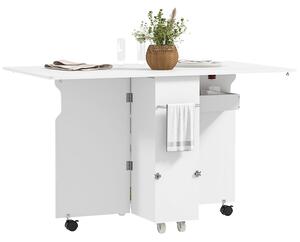 Tavolo a Ribalta Pieghevole con Ripiani a 3 Livelli Box e Rotelle 130x80x76,5 cm in MDF Bianco
