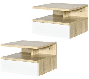 Set da 2 Comodini Sospesi con Cassetto e Ripiano Superiore 35x32x22,5 cm in Legno Bianco e Rovere