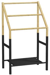 Piantana Portasciugamani da Bagno da Terra 3 Barre e Ripiano Inferiore 51x31x85,5 cm in Bambù e Acciaio Nero