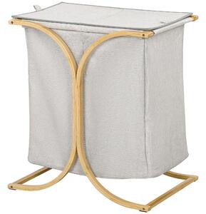 Cesto Portabiancheria 2 Sezioni con Coperchio 55x40x62 cm in Bambù e Poliestere Grigio