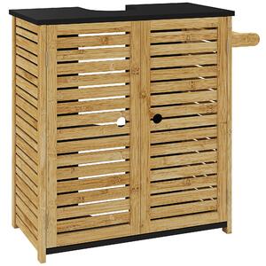 Mobile Sottolavello da Bagno 60,5x30,5x69,5 cm 2 Ante a Doghe Porta Asciugamani e Intaglio a U Legno e Nero