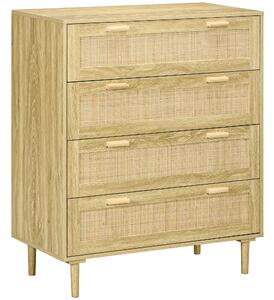 Cassettiera 4 Cassetti Stile Boho 90x45x108,5 cm in Legno e Rattan Rovere