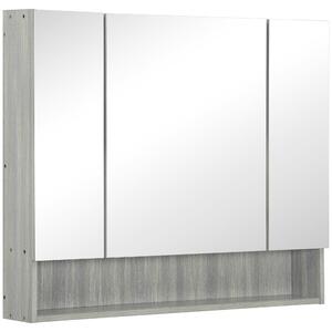 Armadietto a Specchio per Bagno con Ripiani Regolabili 3 Porte e Mensola 90x15x75 cm Grigio