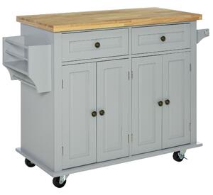 Carrello Isola da Cucina 2 Cassetti e 2 Armadietti Piano in Legno 111x44,5x82,5 cm Grigio