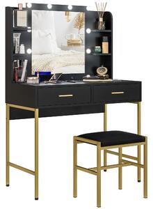 Consolle Trucco 2 Cassetti 6 Ripiani e Specchio 90x45x132,5 cm in Legno e Acciaio Nero