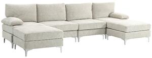 Divano 4 Posti Componibile Modulare 313x149x88 cm in Tessuto effetto Ciniglia Bianco Crema