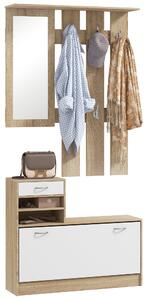 Mobile Guardaroba per Ingresso con Specchio Appendiabiti e Scarpiera Regolabile 90x24x177 cm Bianco e Quercia
